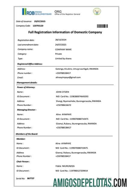 realista Ruanda Informações completas de registro da empresa doméstica modelo Word e PDF
